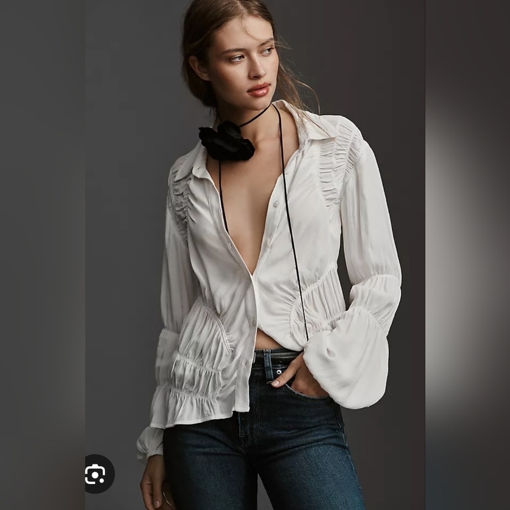 Anthropologie Ruched Peplum Blouse Shirred XS Ivory Romantic Cottagecore